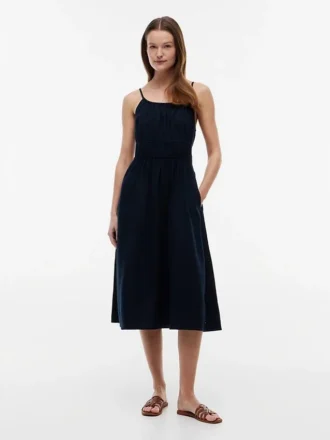 Vestido midi fruncido de mezcla de lino