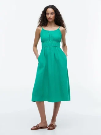 Vestido midi fruncido de mezcla de lino Vestido midi fruncido de mezcla de lino