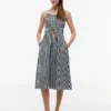 Vestido midi fruncido de mezcla de lino con estampado de cuadros vichy Vestido midi fruncido de mezcla de lino con estampado de cuadros vichy