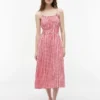 Vestido midi fruncido de mezcla de lino con estampado de cuadros vichy Vestido midi fruncido de mezcla de lino con estampado de cuadros vichy