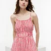 Vestido midi fruncido de mezcla de lino con estampado de cuadros vichy Vestido midi fruncido de mezcla de lino con estampado de cuadros vichy
