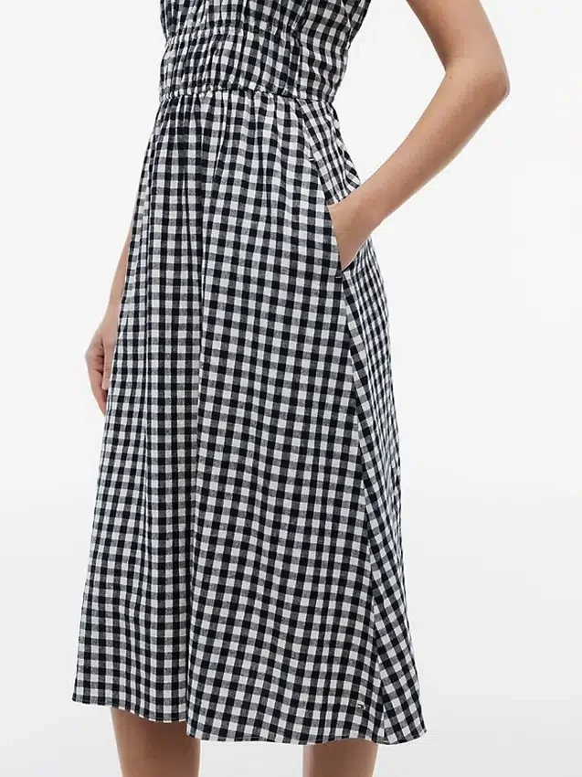 Vestido midi fruncido de mezcla de lino con estampado de cuadros vichy Vestido midi fruncido de mezcla de lino con estampado de cuadros vichy
