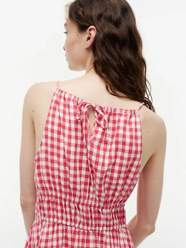 Vestido midi fruncido de mezcla de lino con estampado de cuadros vichy Vestido midi fruncido de mezcla de lino con estampado de cuadros vichy