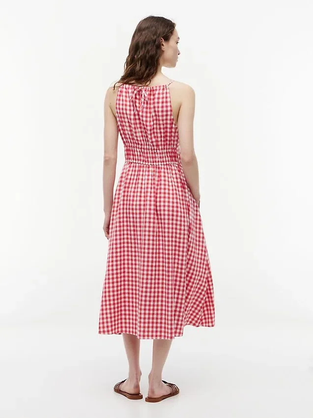 Vestido midi fruncido de mezcla de lino con estampado de cuadros vichy Vestido midi fruncido de mezcla de lino con estampado de cuadros vichy