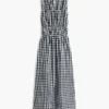 Vestido midi fruncido de mezcla de lino con estampado de cuadros vichy Vestido midi fruncido de mezcla de lino con estampado de cuadros vichy