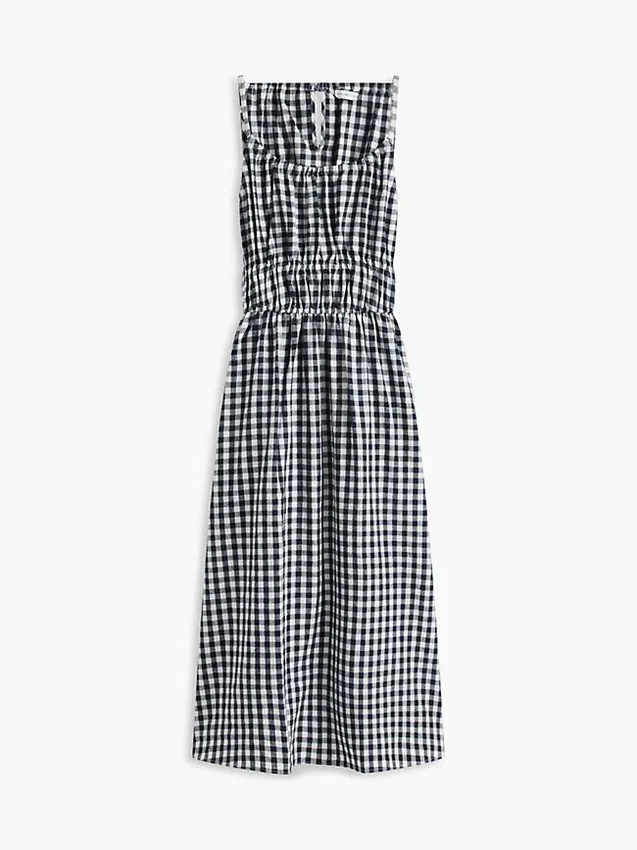 Vestido midi fruncido de mezcla de lino con estampado de cuadros vichy Vestido midi fruncido de mezcla de lino con estampado de cuadros vichy