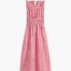Vestido midi fruncido de mezcla de lino con estampado de cuadros vichy Vestido midi fruncido de mezcla de lino con estampado de cuadros vichy