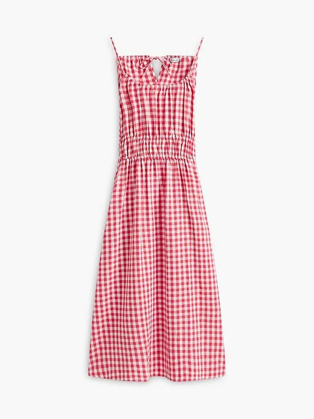 Vestido midi fruncido de mezcla de lino con estampado de cuadros vichy Vestido midi fruncido de mezcla de lino con estampado de cuadros vichy