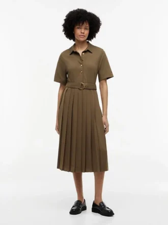 Vestido midi plisado de mezcla de tejidos