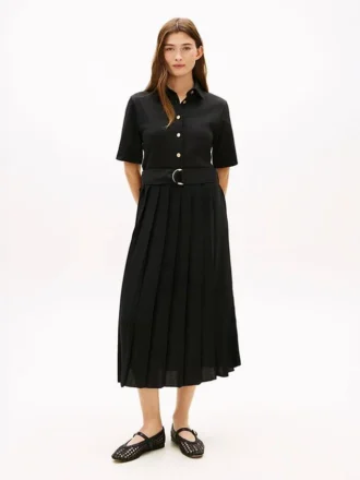 Vestido midi plisado de mezcla de tejidos