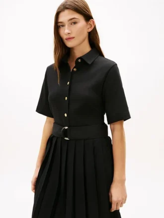 Vestido midi plisado de mezcla de tejidos