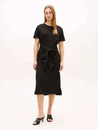Vestido midi tipo camiseta de algodón slub con lazo delantero
