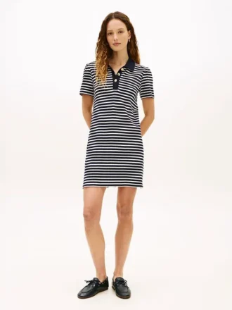 Vestido polo de interlock a rayas con botones dorados