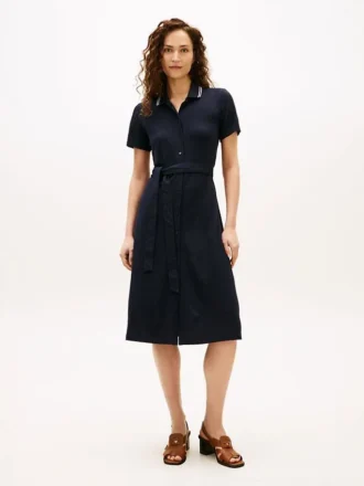 Vestido polo midi con cinturón y ribete