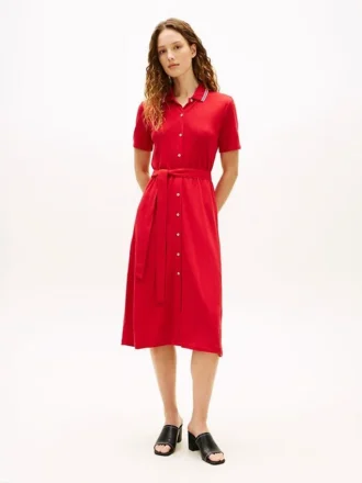 Vestido polo midi con cinturón y ribete