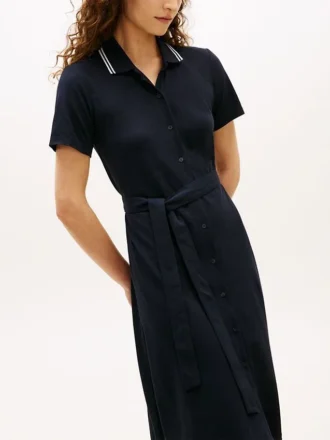 Vestido polo midi con cinturón y ribete