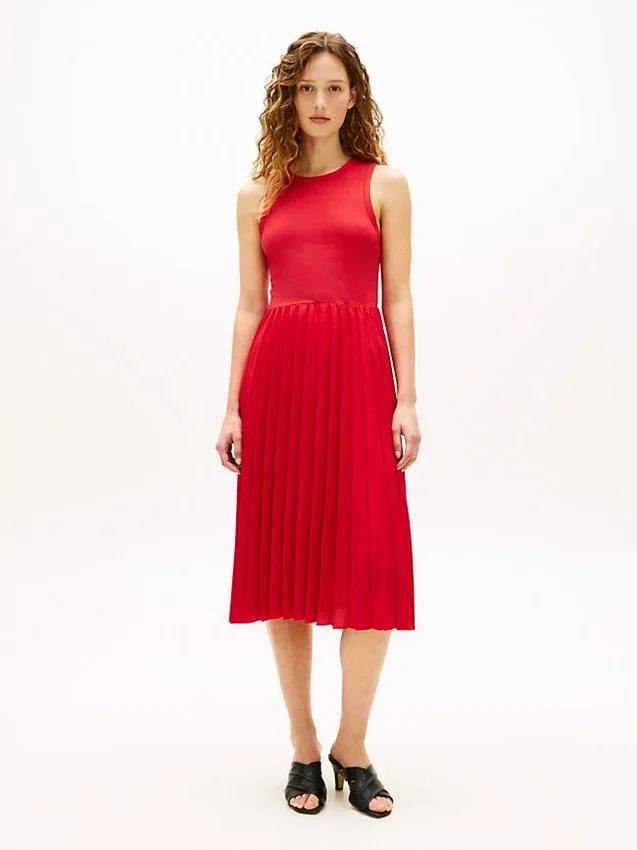 Vestido sin mangas plisado de mezcla de tejidos Vestido sin mangas plisado de mezcla de tejidos