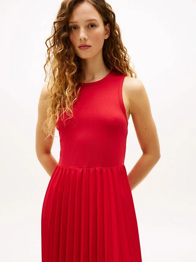 Vestido sin mangas plisado de mezcla de tejidos Vestido sin mangas plisado de mezcla de tejidos
