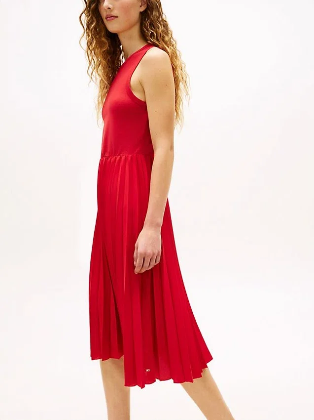 Vestido sin mangas plisado de mezcla de tejidos Vestido sin mangas plisado de mezcla de tejidos